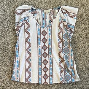 LOFT Cream Top with Brown and Blue Aztec Print